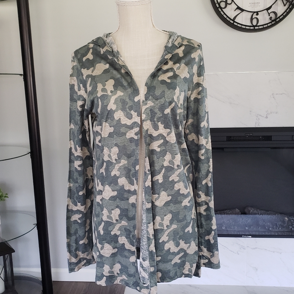 100% Linen Cardigan with Hood Women's Size Medium Camo